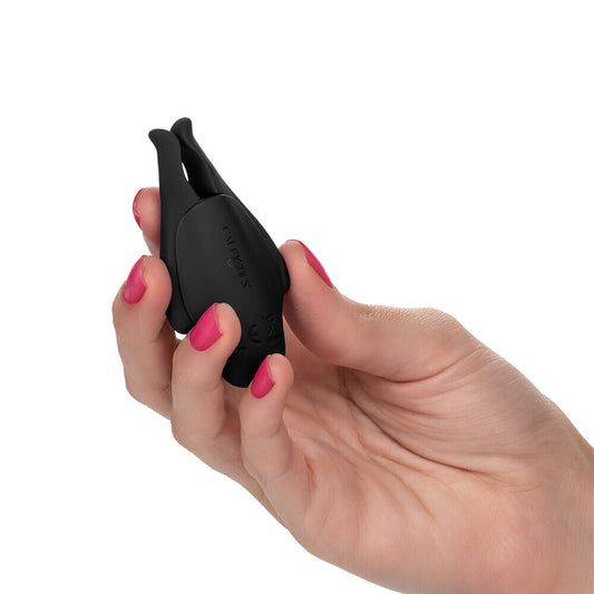 California Exotic rechargeable nipple clamps, silver metal finish, vibrating for enhanced nipple play.