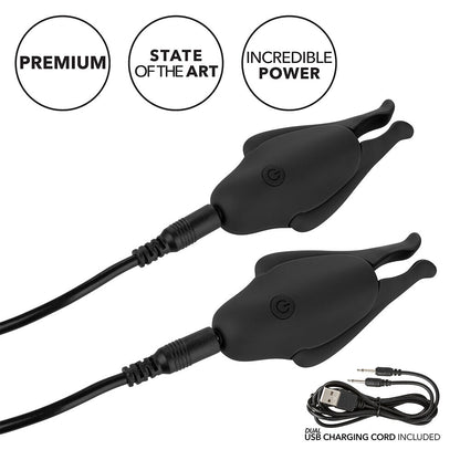 California Exotic rechargeable nipple vibrators, featuring chrome clamps for pleasurable stimulation and teasing.