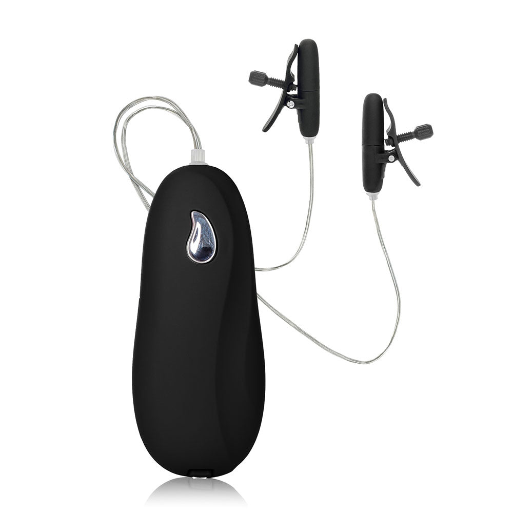 California Exotic heated vibrating nipple teasers in black, designed for nipple stimulation.