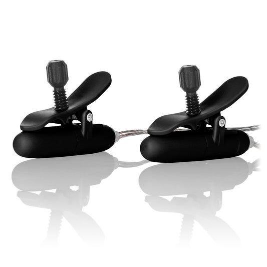 Close-up of black, vibrating nipple teasers from California Exotic, for stimulating pleasure.