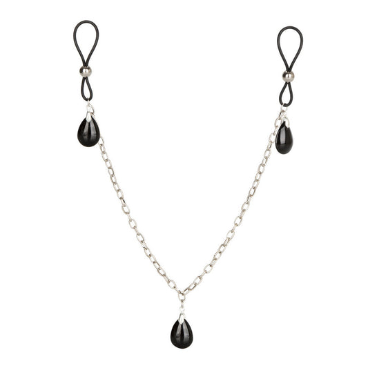 Onyx nipple chain jewellery, non piercing body jewellery for nipple play, close up.