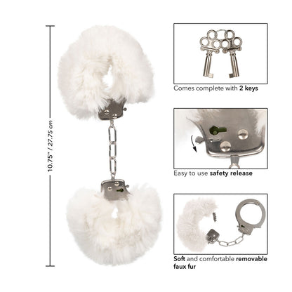 ultra fluffy furry handcuffs in white from california exotic, a playful bedroom accessory.