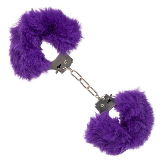 Purple furry handcuffs, ultra fluffy and soft, a playful accessory for adult fun.