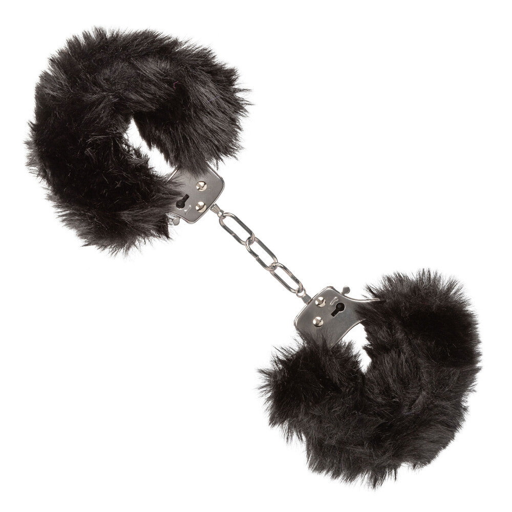 California Exotic black furry handcuffs, ultra fluffy material for a playful bedroom accessory.