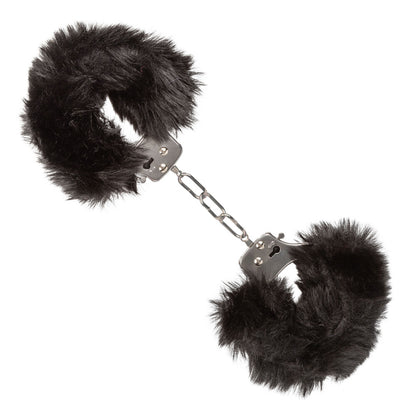 California Exotic black furry handcuffs, ultra fluffy material for a playful bedroom accessory.