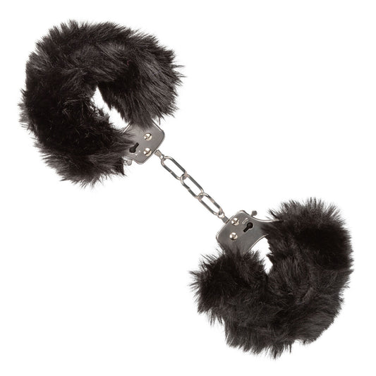 California Exotic black furry handcuffs, ultra fluffy material for a playful bedroom accessory.