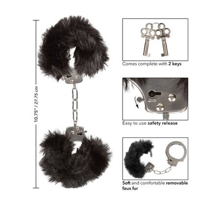 close-up of ultra fluffy furry handcuffs in black, adding a touch of playful restraint