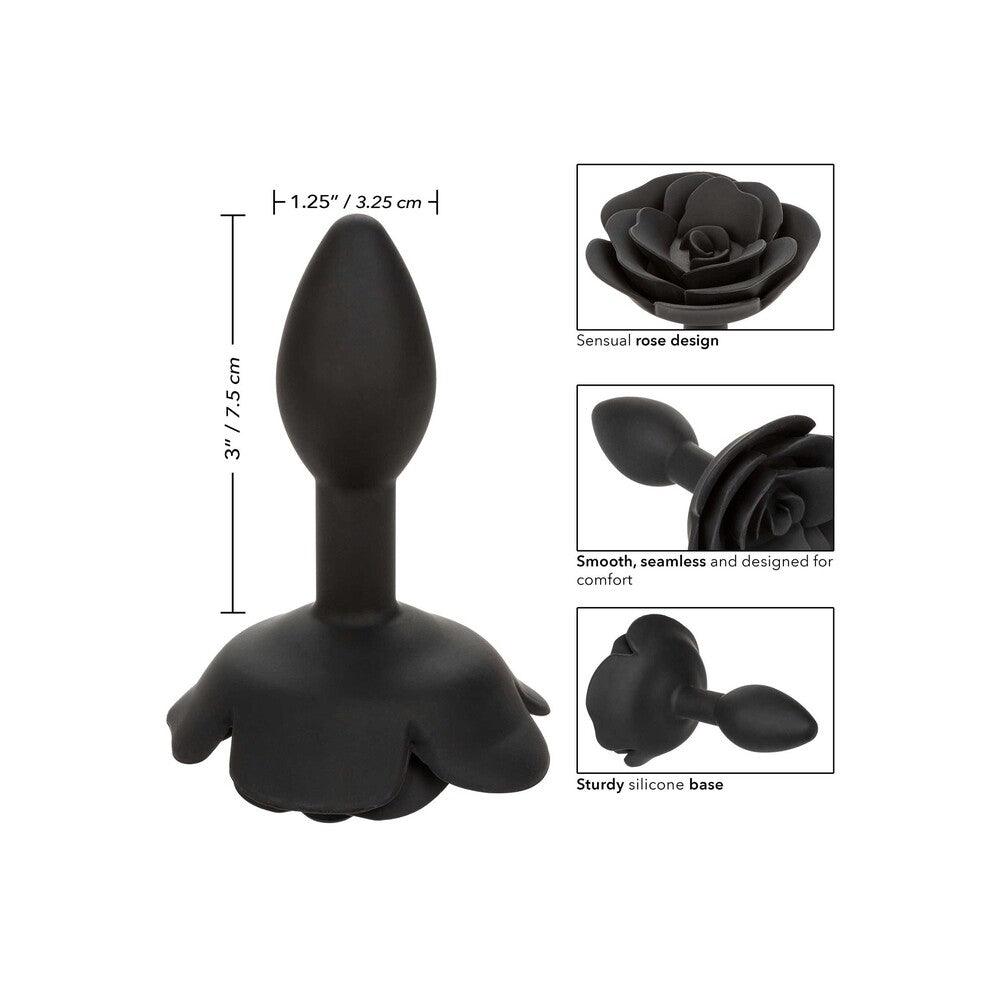 Rose-shaped anal plug in smooth, dark pink silicone; a small tail butt plug.