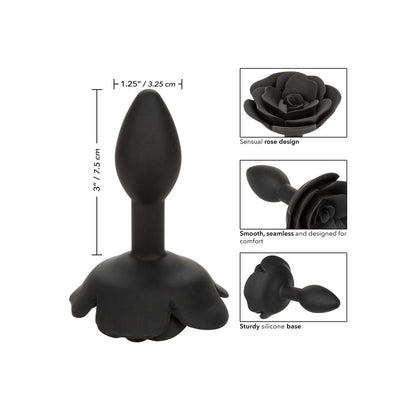 Rose-shaped anal plug in smooth, dark pink silicone; a small tail butt plug.