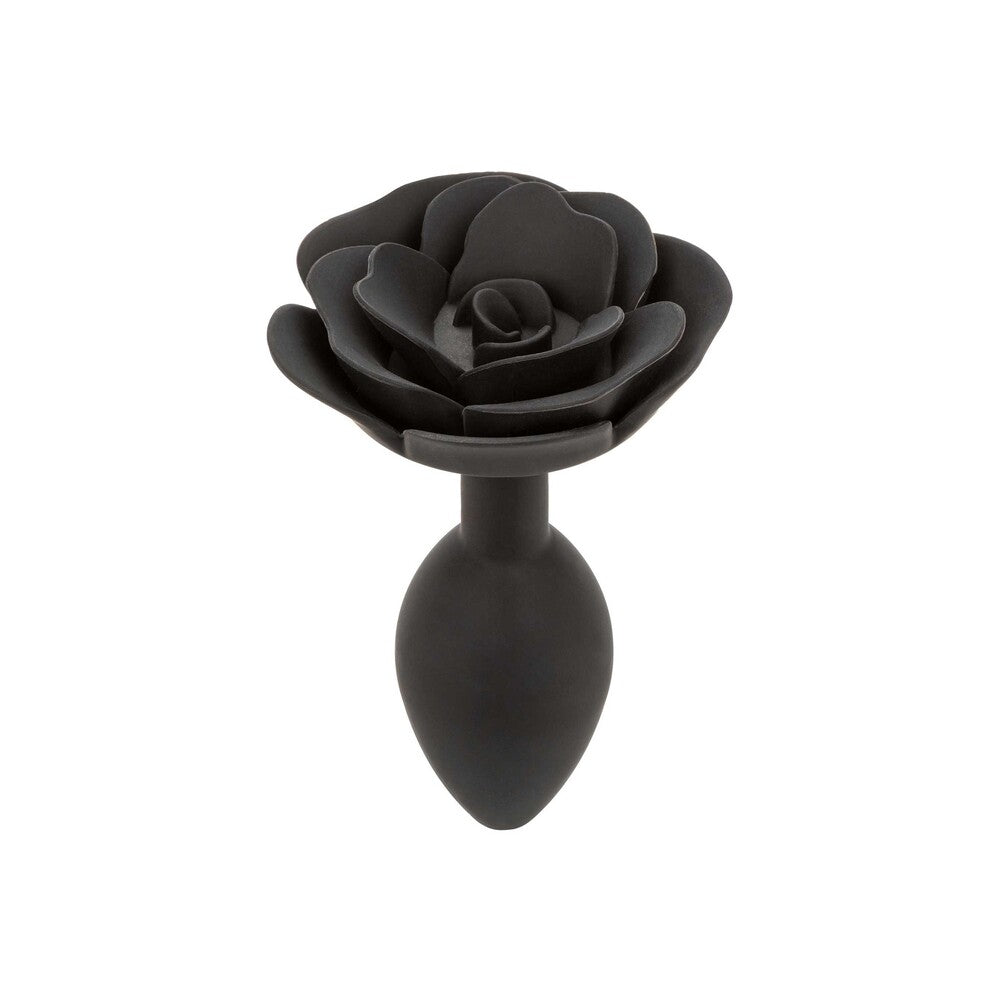 Large rose-shaped anal plug in a deep red colour, crafted from smooth silicone for pleasure play.