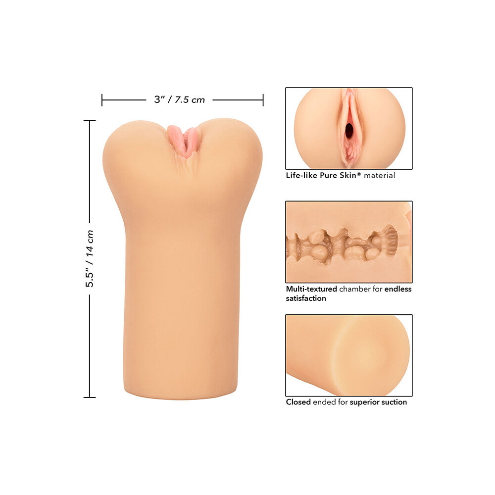 Flesh pink vulva masturbator by california exotic, made from soft, pliable material for intimate pleasure.