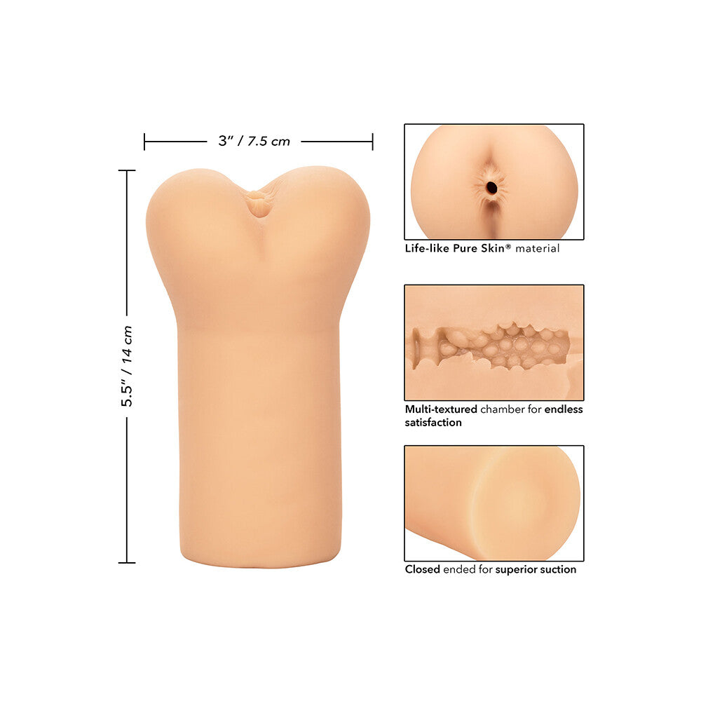 Flesh pink, boundless anus masturbator by california exotic for solo pleasure, realistic texture.