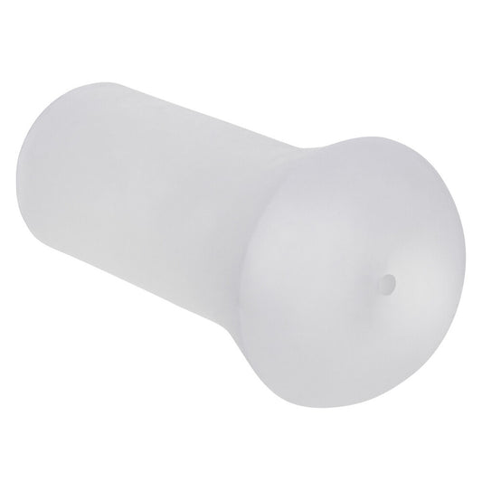Clear stroker masturbator from California Exotic, designed for solo male pleasure, made of smooth, pliable material.