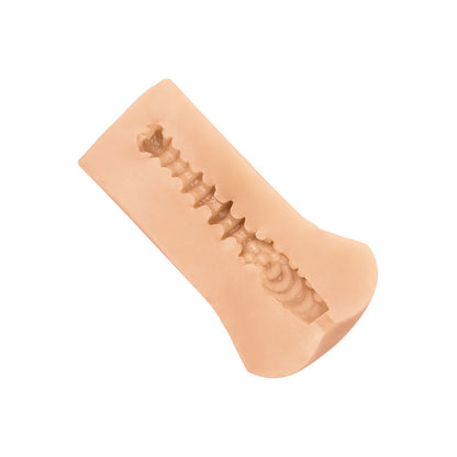 Flesh pink stroker masturbator by california exotic, made of soft, pliable material.