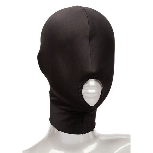 Boundless open mouth bondage hood in black, made by california exotic, for roleplay fun.