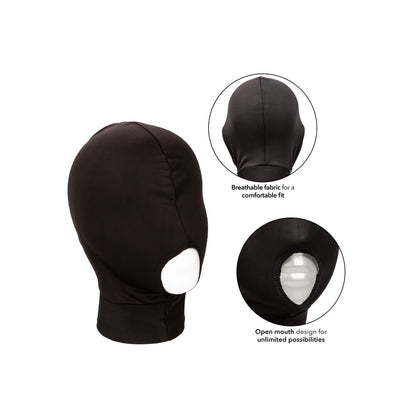 California Exotic boundless open mouth hood for bondage play, rendered in black material.