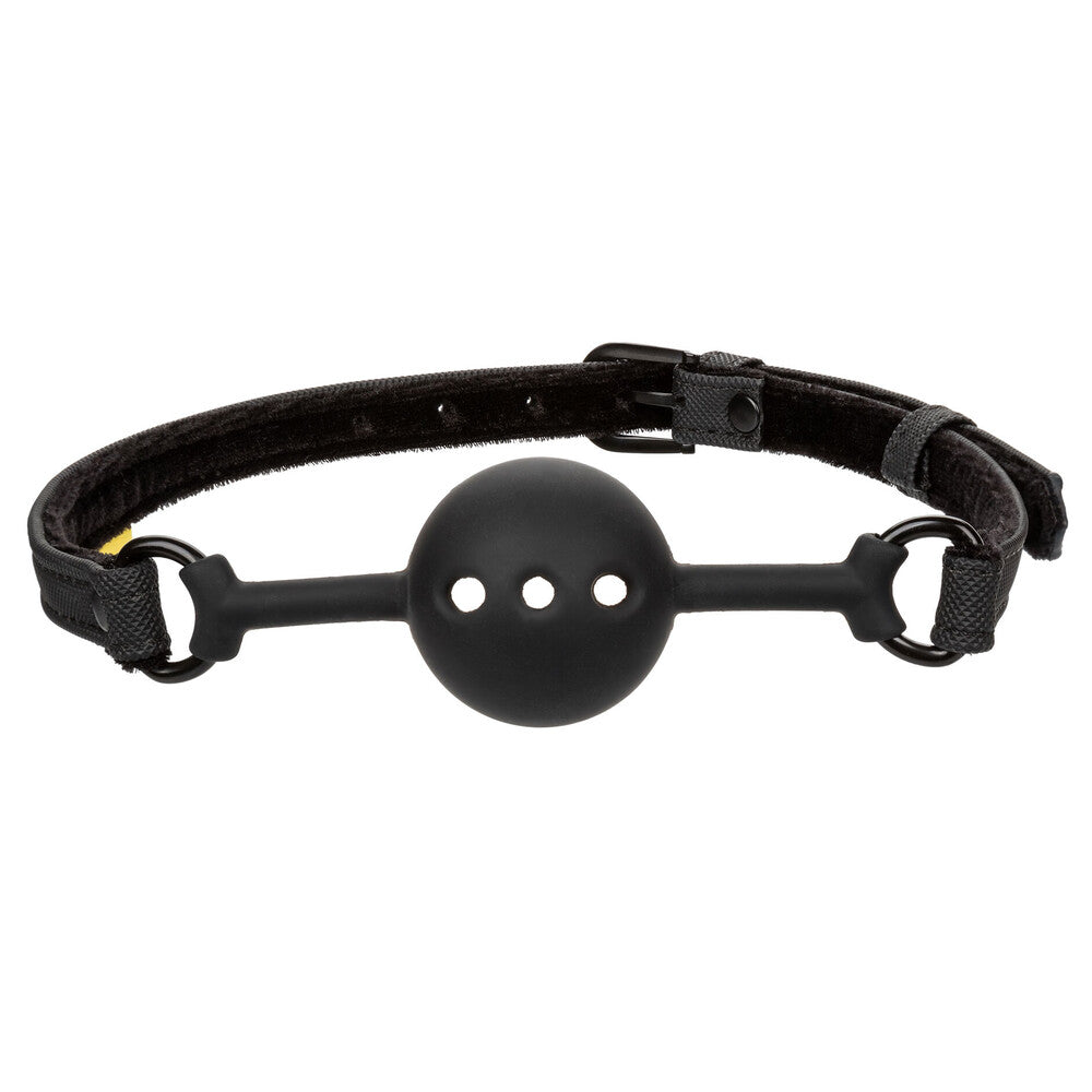 breathable black ball gag for bondage play, a kinky accessory from california exotic.