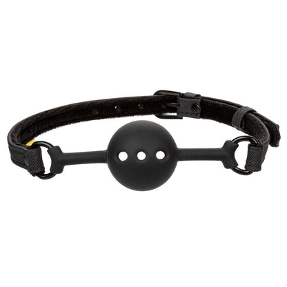 breathable black ball gag for bondage play, a kinky accessory from california exotic.