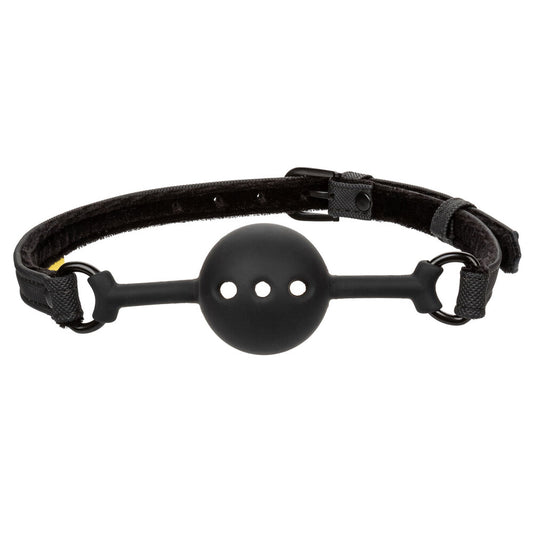 breathable black ball gag for bondage play, a kinky accessory from california exotic.