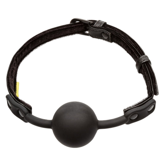 Black rubber ball gag from California Exotic, a kinky sex toy for bondage.