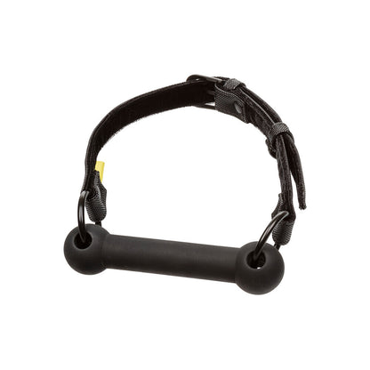 A black silicone ball gag from california exotic, used as a fun bedroom novelty.