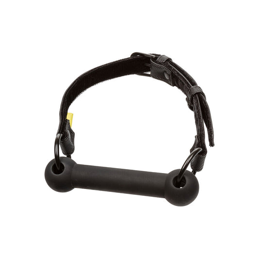A black silicone ball gag from california exotic, used as a fun bedroom novelty.