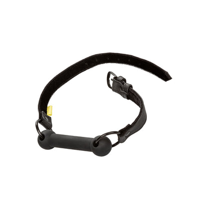 california exotic boundless bar gag, a black restraint with a metal bar bit for adult fun.