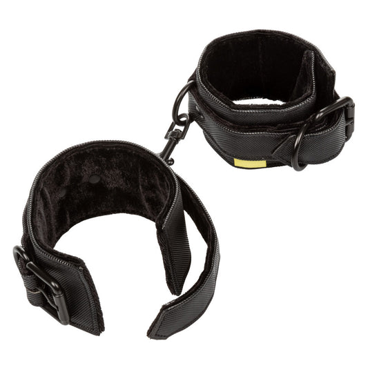 California Exotic Boundless wrist restraints, metal handcuffs with a polished silver finish for playful bondage.