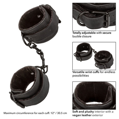 Silver metal wrist restraints with a hinged design for playful bondage adventures.