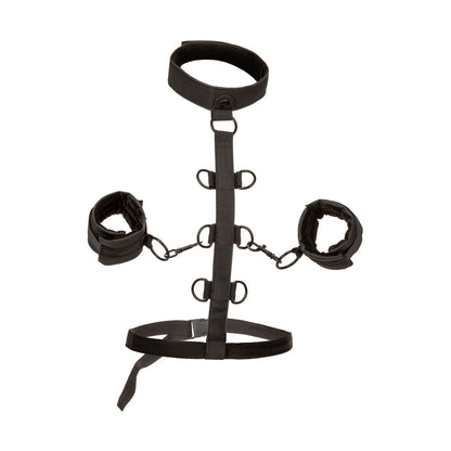 Black collar body restraint with adjustable straps for bondage play from California Exotic.