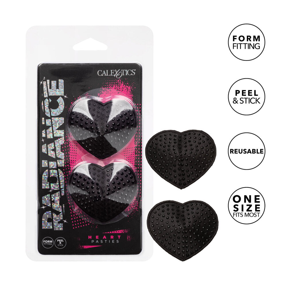 California Exotic Radiance black heart pasties, nipple covers with a shiny, alluring finish. Sexy accessories.