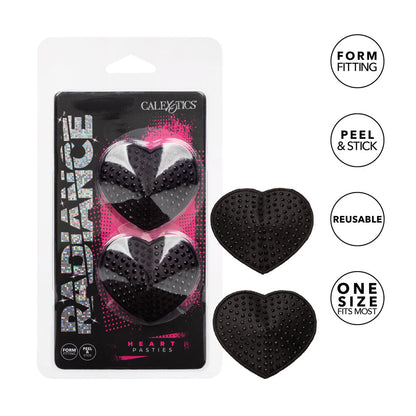 California Exotic Radiance black heart pasties, nipple covers with a shiny, alluring finish. Sexy accessories.