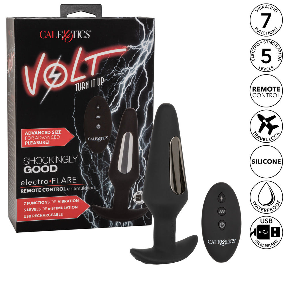 California Exotic Volt Electro Flare butt plug for electro sex stimulation, shiny metal finish.