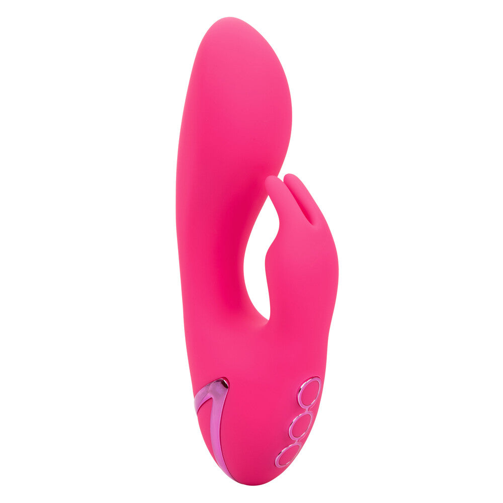 Dual vibe vibrator in sunshine yellow with clitoral stimulator, perfect for solo pleasure.