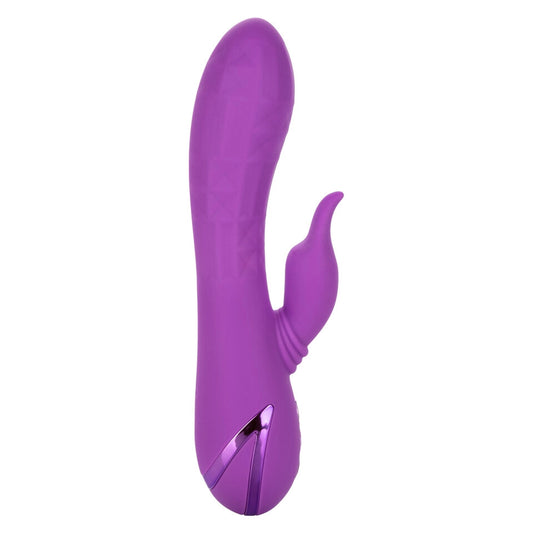 Rechargeable clit vibrator with a curved design and textured stimulator in a deep purple shade.
