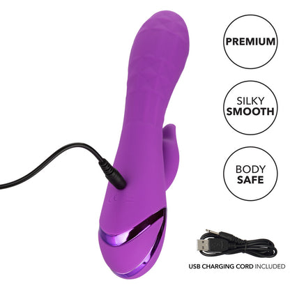 Close-up of a purple, rechargeable clit vibrator with a textured, curved stimulator head.