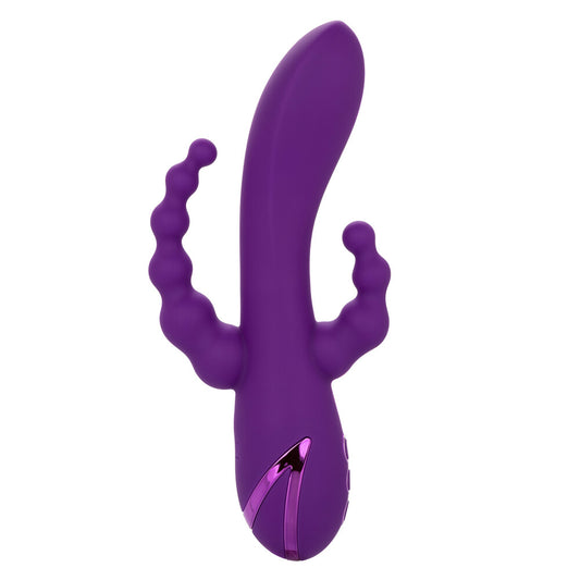 California Exotic Long Beach vibrator, purple silicone with clitoral stimulator, for intimate pleasure.