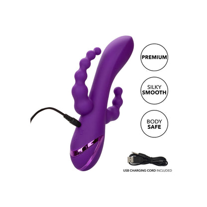 Close-up of a peachy-pink vibrator with clitoral stimulator, designed for external and internal pleasure.