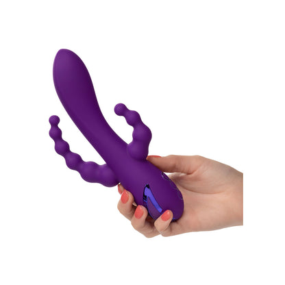 California Dreaming vibrator in nude tone with clitoral stimulator for pleasurable use.