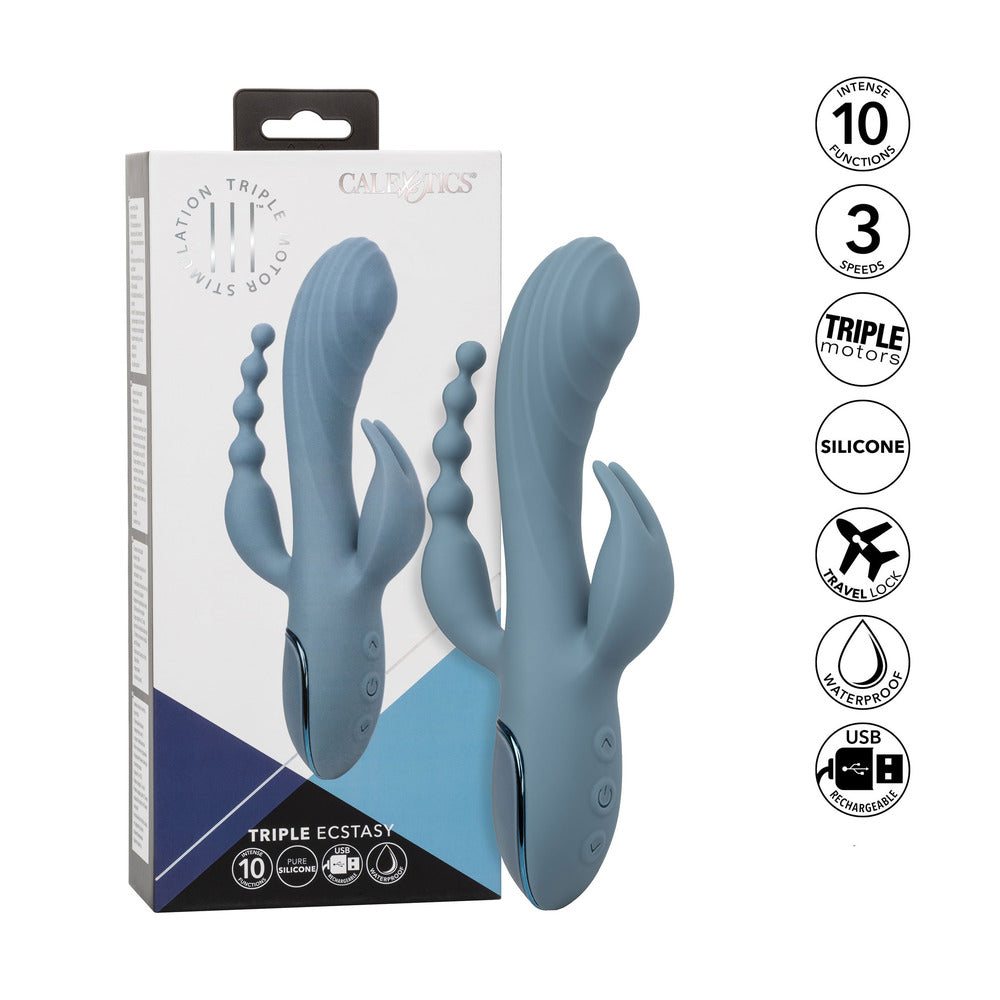 California Exotic triple ecstasy vibrator with clit stims, in a silky purple finish.