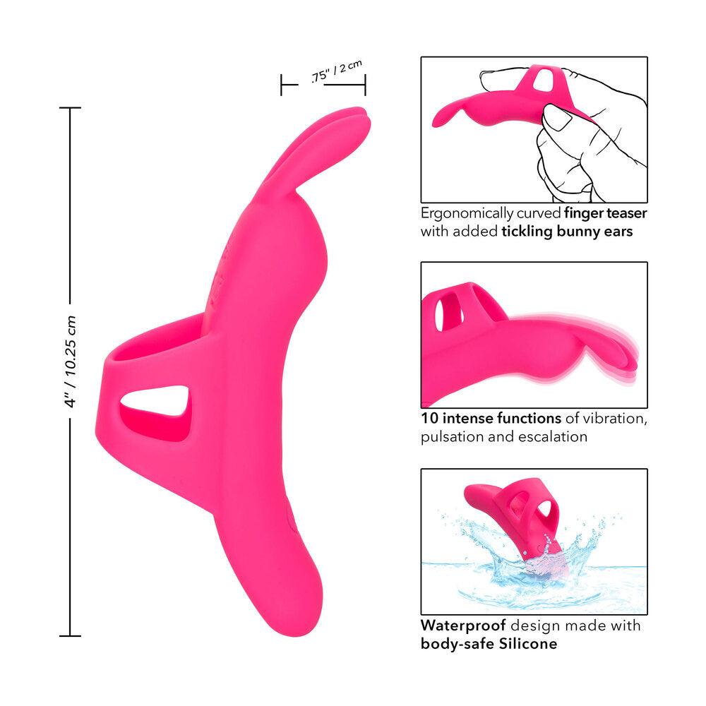 The neon pink 'flirty vibe' finger vibrator from California Exotic, a cheeky little teaser.