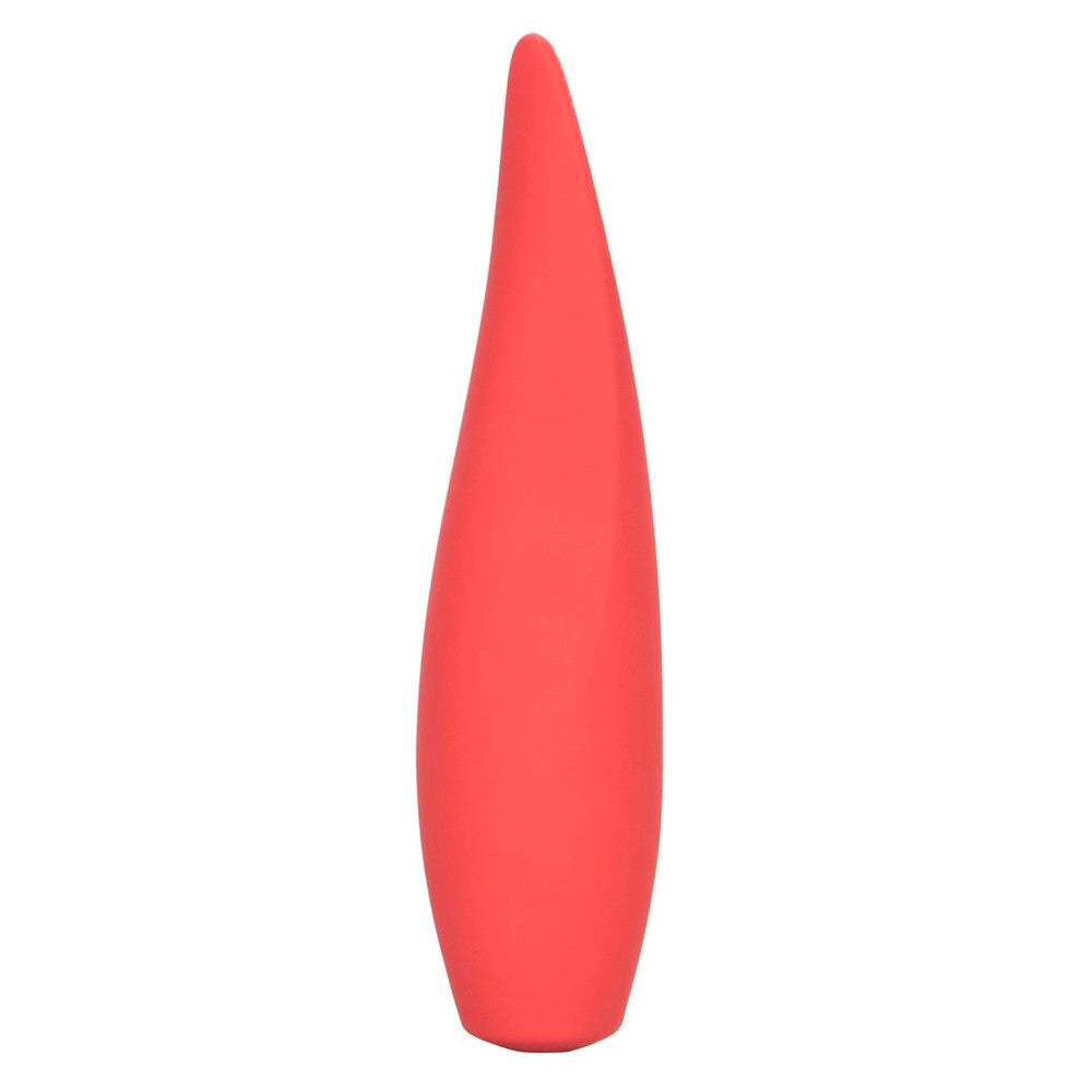 Close-up of a red, ergonomic clitoral vibrator with a smooth, matte finish, rechargeable.