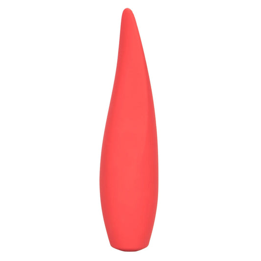Close-up of a red, ergonomic clitoral vibrator with a smooth, matte finish, rechargeable.