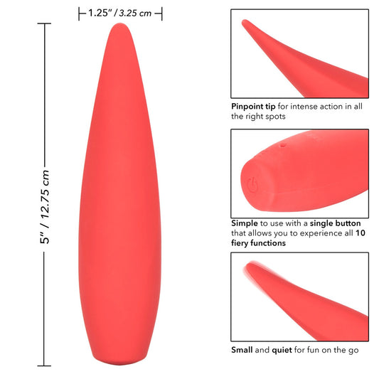 Close-up of a deep red, rechargeable clitoral vibrator with a smooth, ember-like finish.