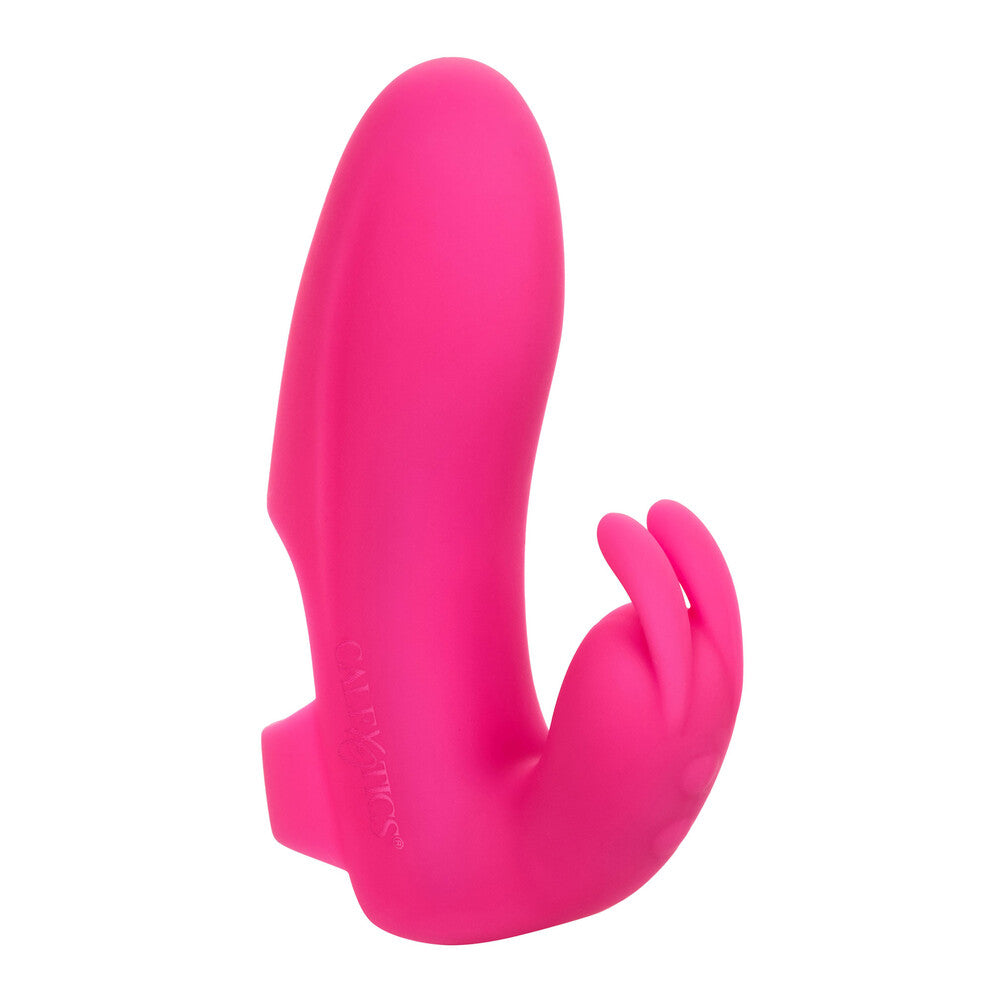 A pink, silicone rabbit-shaped finger vibrator, a cheeky pleasure toy for solo play.
