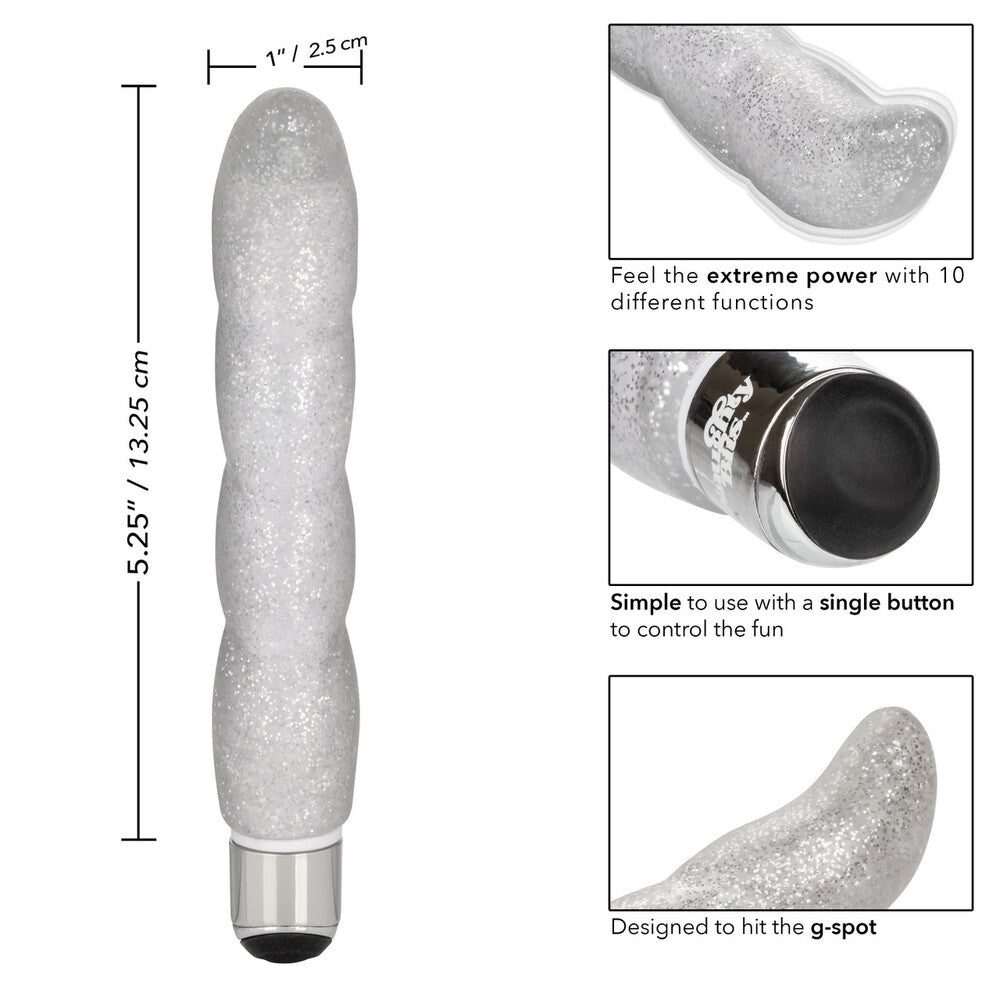 A swirly, iridescent g-spot vibrator with a suction cup base for hands-free pleasure.