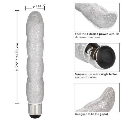 A swirly, iridescent g-spot vibrator with a suction cup base for hands-free pleasure.