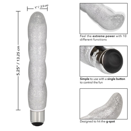 A swirly, iridescent g-spot vibrator with a suction cup base for hands-free pleasure.