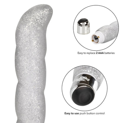 California Exotic Naughty Bits Screwnicorn vibrator with a textured shaft and G-spot tip.