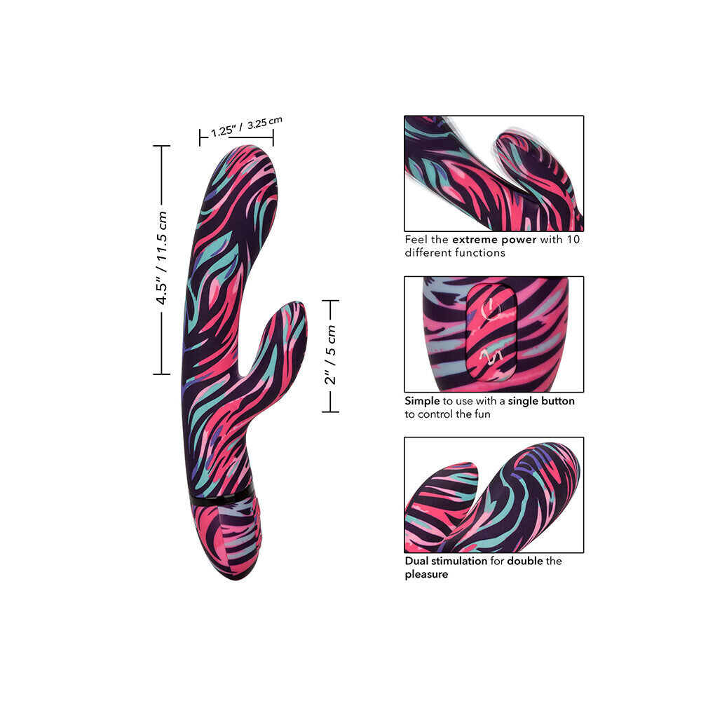 Naughty Bits Ménage à Moi vibrator with dual wands, purple silicone body, designed for clitoral stimulation.